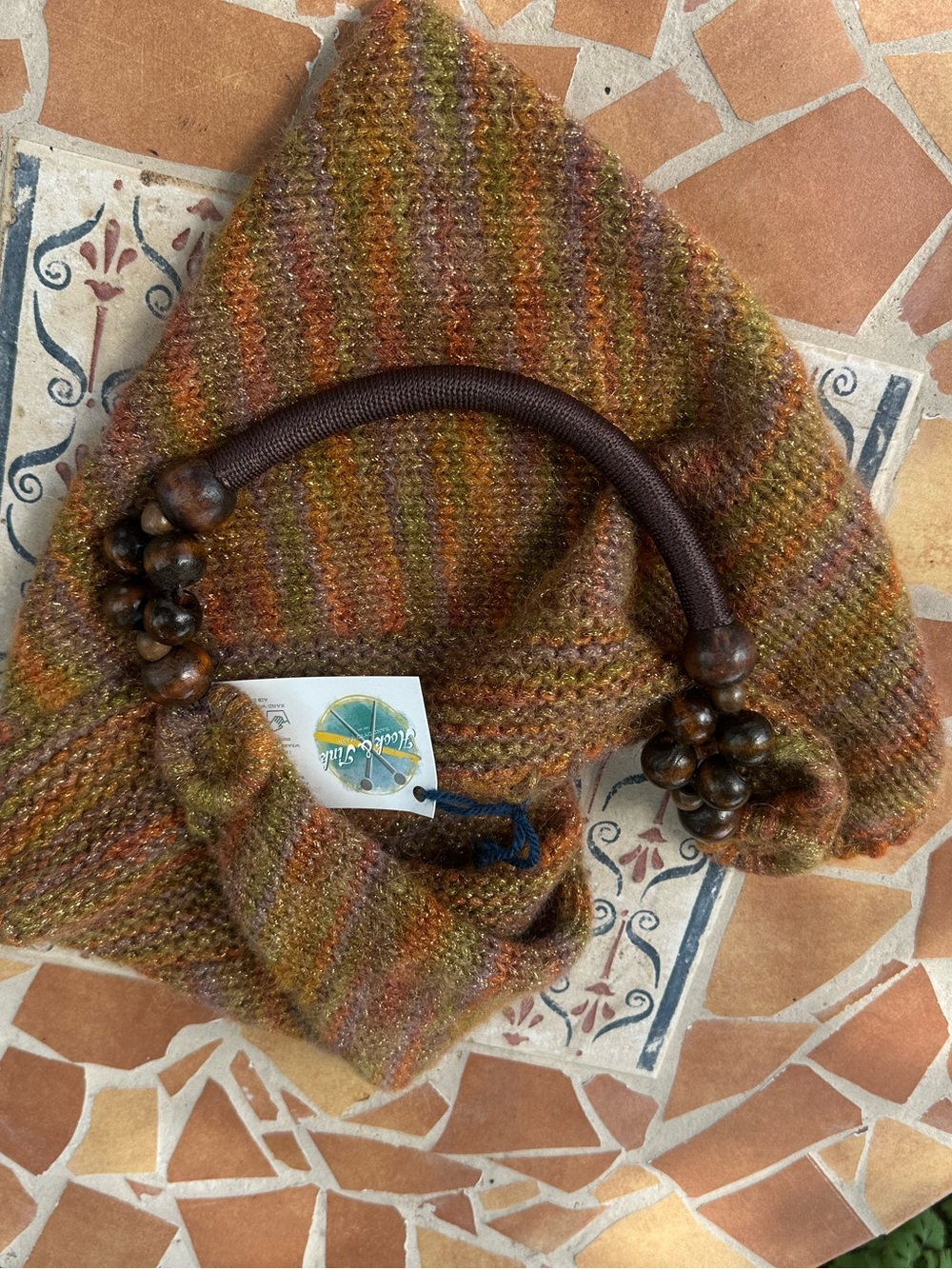 Multi-Color Striped Knit Hobo Bag with Wooden Bead Handle